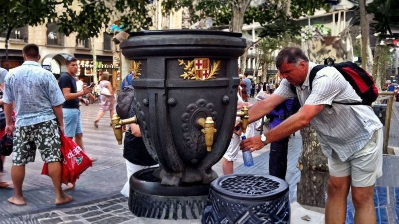 The iconic Font de Canaletes iron fountain on Las Ramblas in Barcelona.