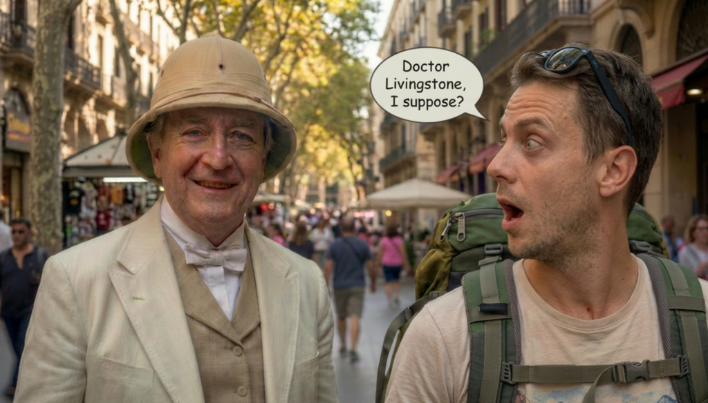 A surprised tourist with a backpack meeting a character dressed as an explorer in Las Ramblas of Barcelona.